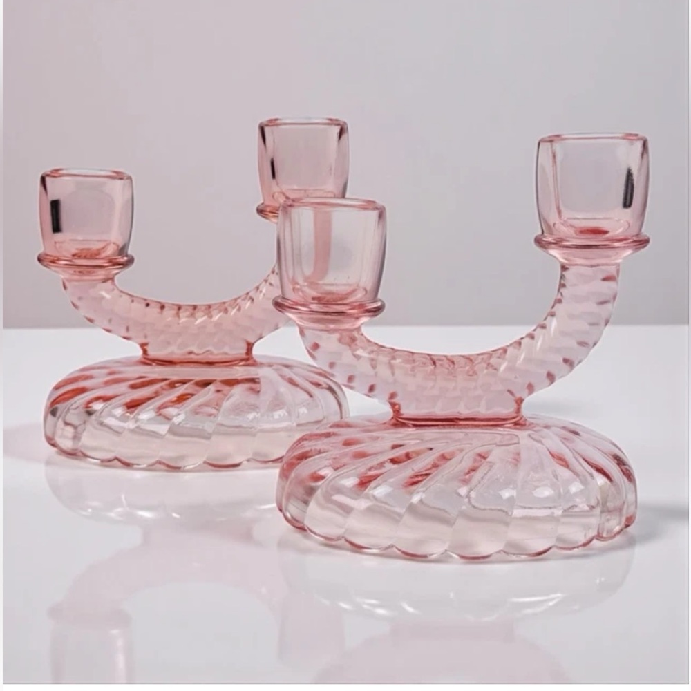 IMPERIAL OPTIC SWIRL PINK DEPRESSION GLASS CANDLE HOLDER SET Cottage core
